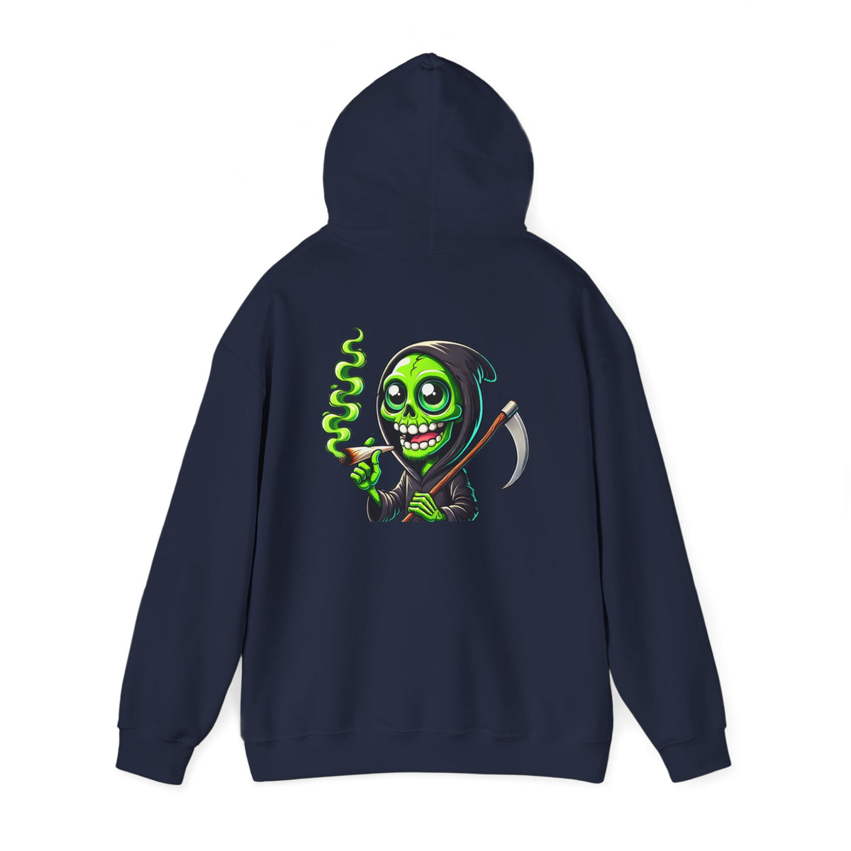 Grinning Green Grim Reaper Hoodie – Neon Smoking Skeleton Graphic Sweatshirt