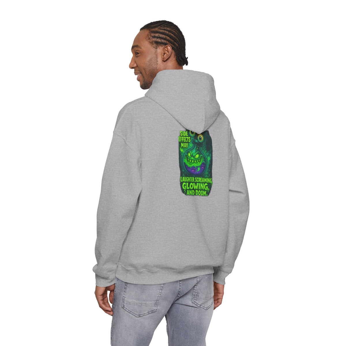 Glowing Green Monster Hoodie - "Causes Screaming, Glowing, and Doom" Graphic Pullover