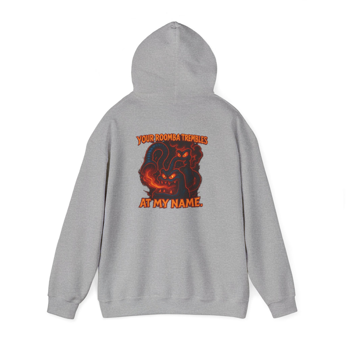 Hoodie — Fiery Demon Skull 'Your Roomba Trembls At My Name' Graphic Back Print