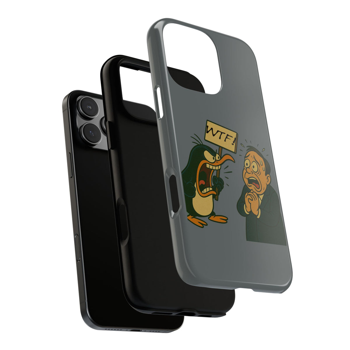 Phone Case - Cartoon Penguin Yelling 'WTF' at Shocked Man, Funny Protective iPhone Cover
