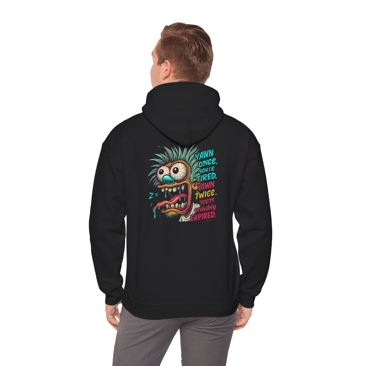 Skater Monster Graphic Hoodie — “Yawn Once, Yawn Twice, Never Appear” Retro Skate Pullover