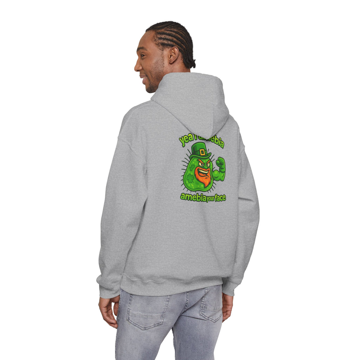 Amebiavirus St. Patrick's Day Hoodie — Funny Green Germ Mascot with 'yea bia amebiavirusface' Text