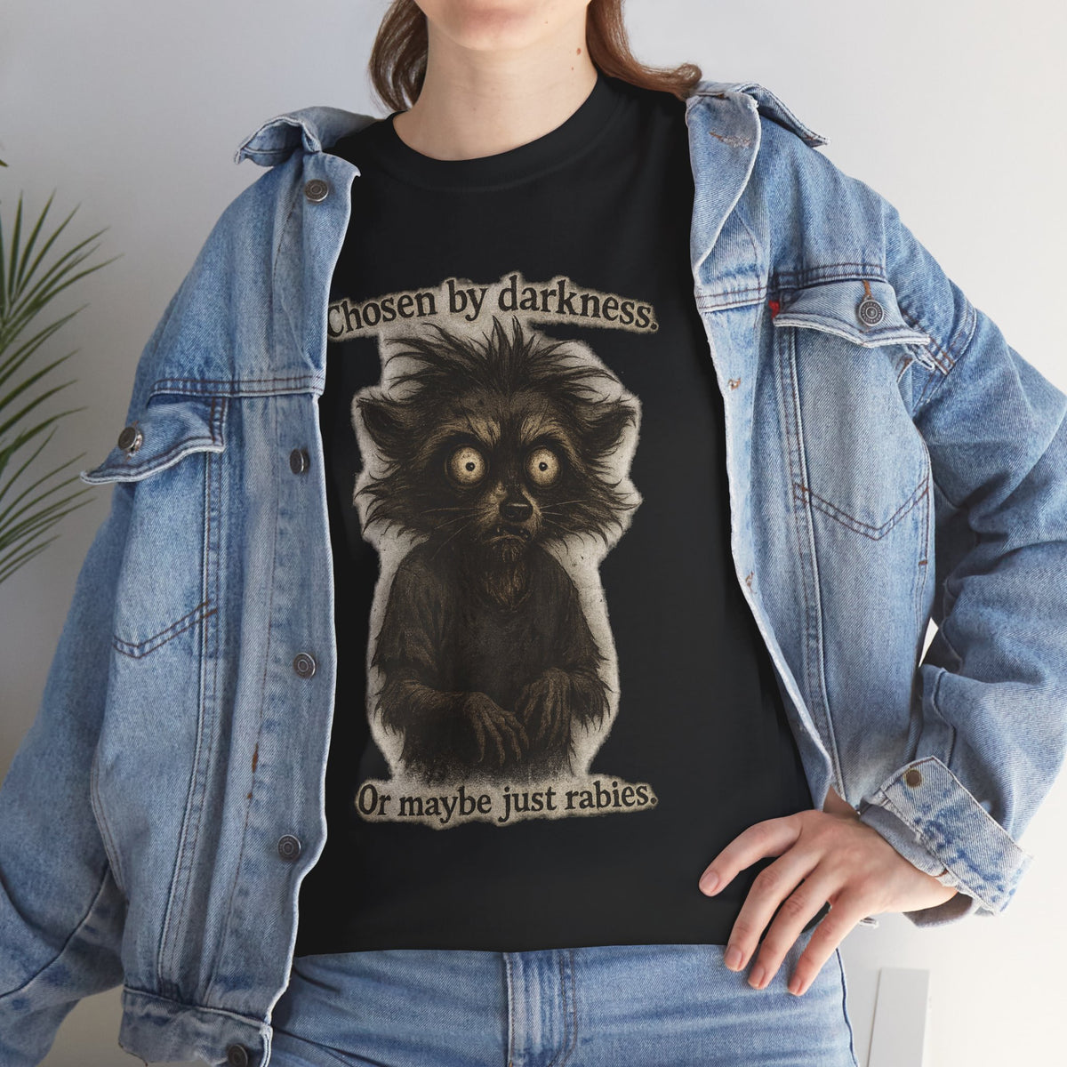 Tee — "Chosen by darkness. Or maybe just rabies." Cute Spooky Racoon Graphic Tee