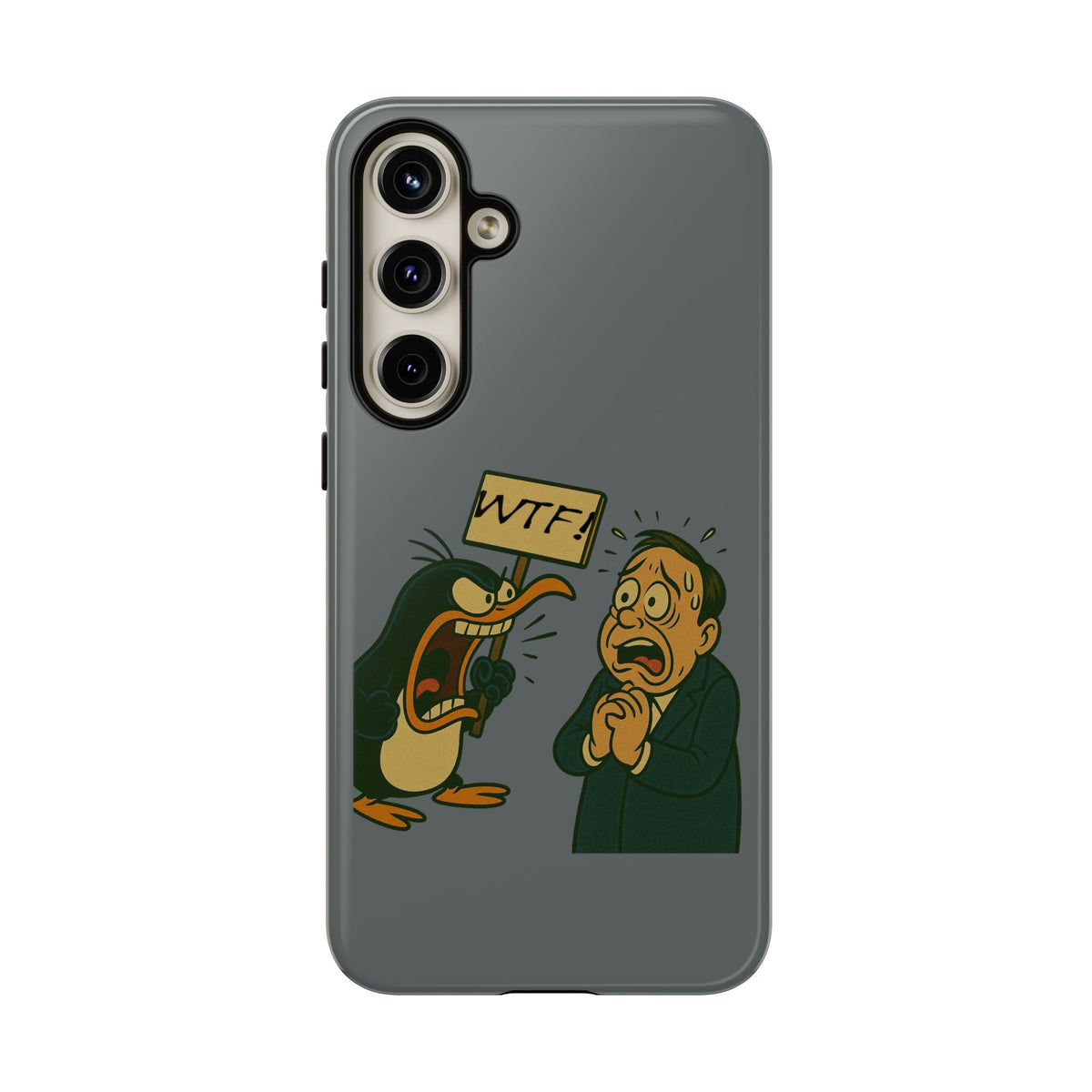 Phone Case - Cartoon Penguin Yelling 'WTF' at Shocked Man, Funny Protective iPhone Cover