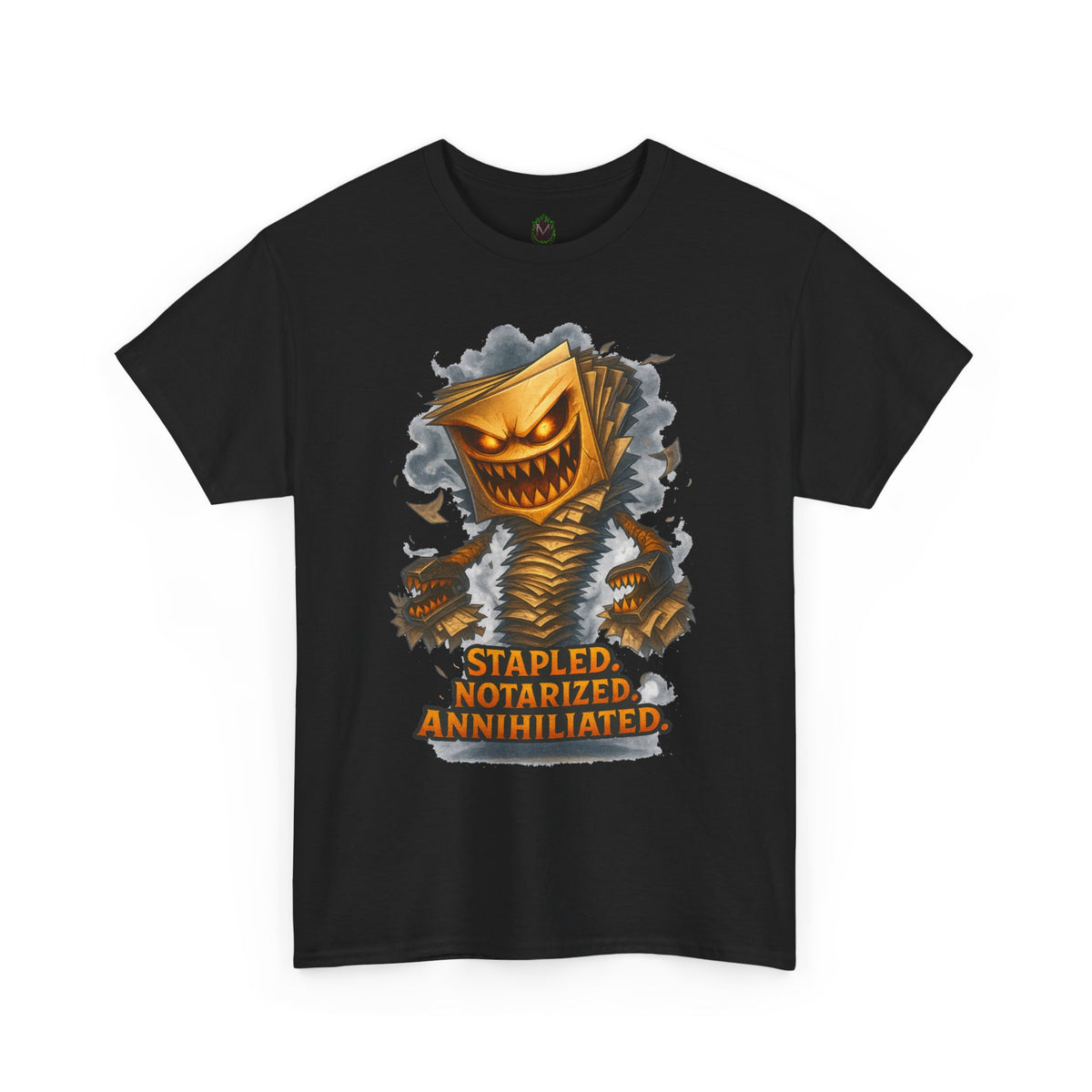 Stapled Notarized Annihilated Tee | Monster Paper Staple Design