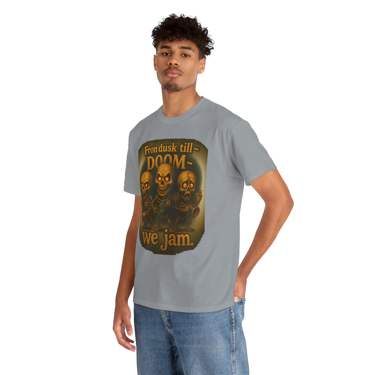 T-Shirt — "From Dusk Till Doom We Jam" Skull Band Graphic Tee