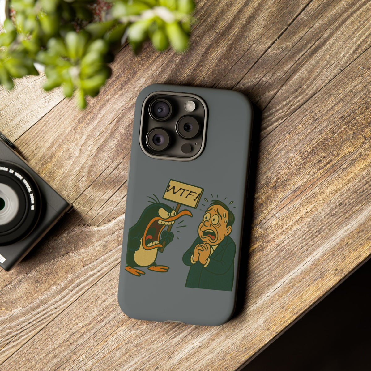 Phone Case - Cartoon Penguin Yelling 'WTF' at Shocked Man, Funny Protective iPhone Cover