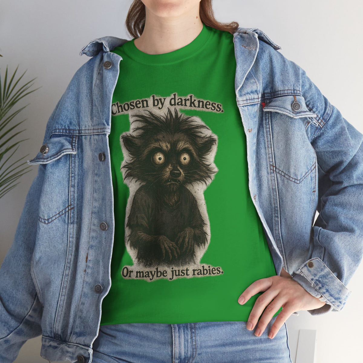 Tee — "Chosen by darkness. Or maybe just rabies." Cute Spooky Racoon Graphic Tee