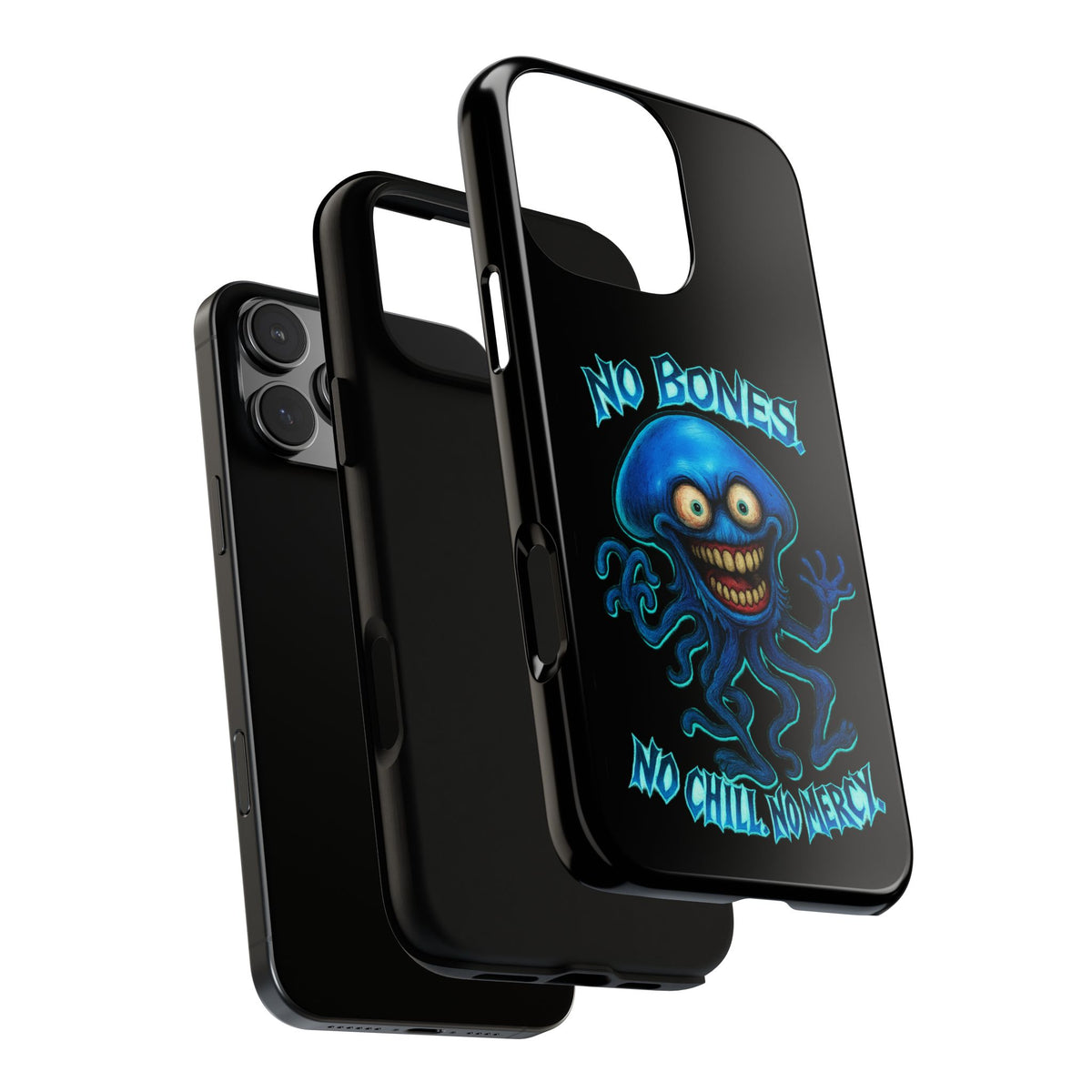 Phone Case — 'No Bones, No Chill, No Mercy' Blue Jellyfish Horror Design