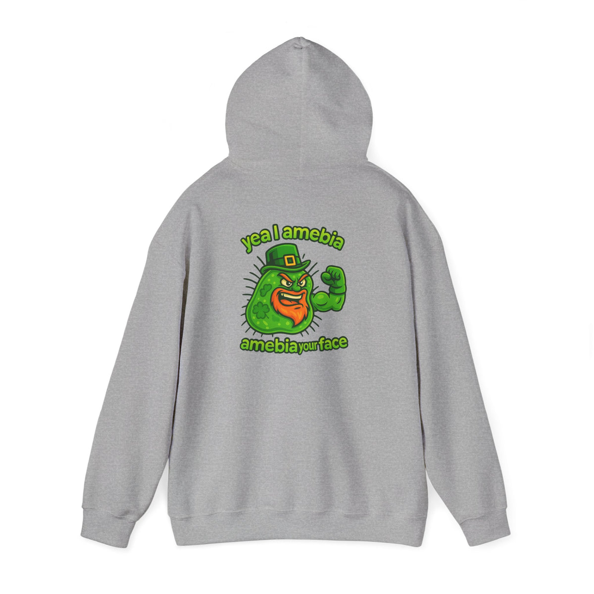 Amebiavirus St. Patrick's Day Hoodie — Funny Green Germ Mascot with 'yea bia amebiavirusface' Text