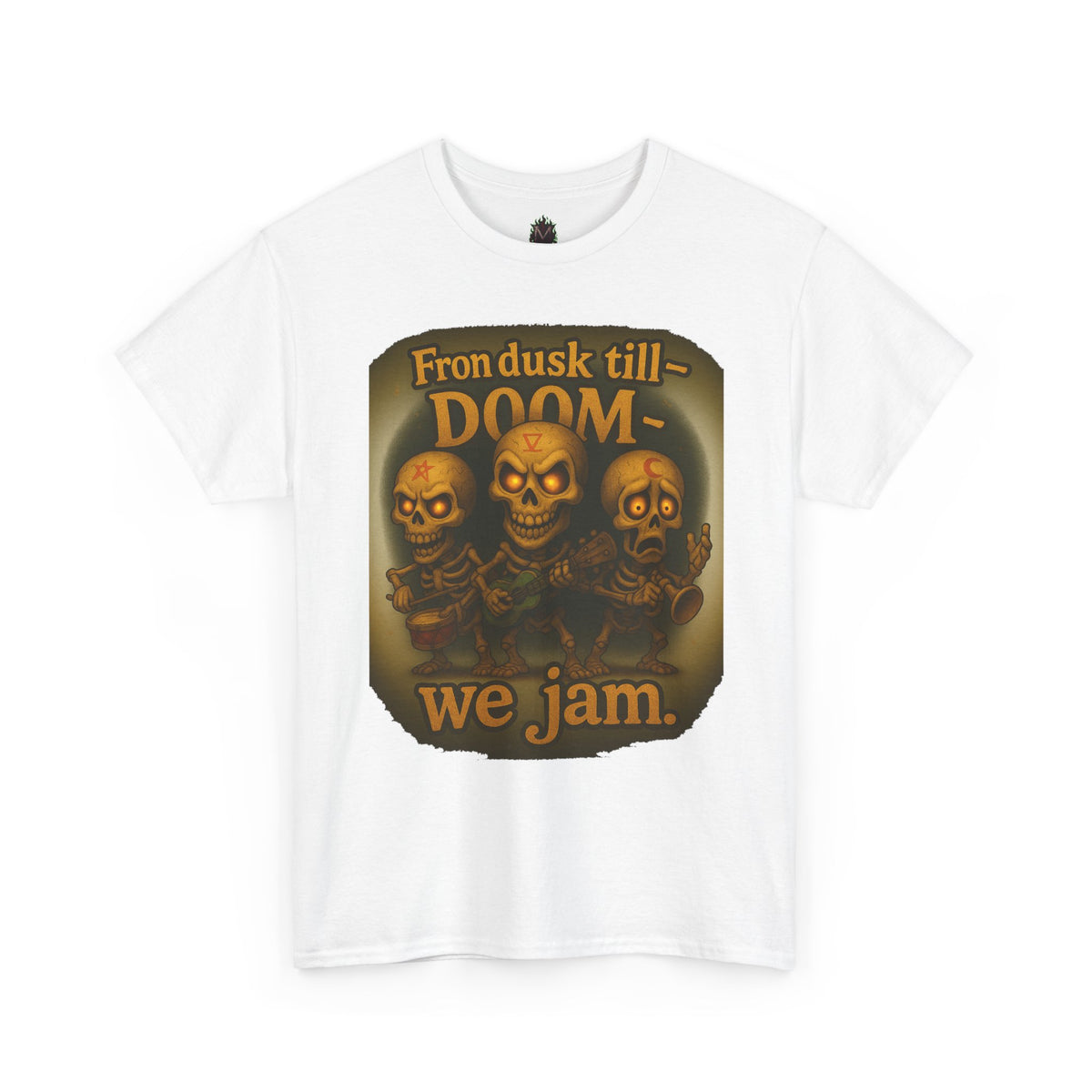 T-Shirt — "From Dusk Till Doom We Jam" Skull Band Graphic Tee