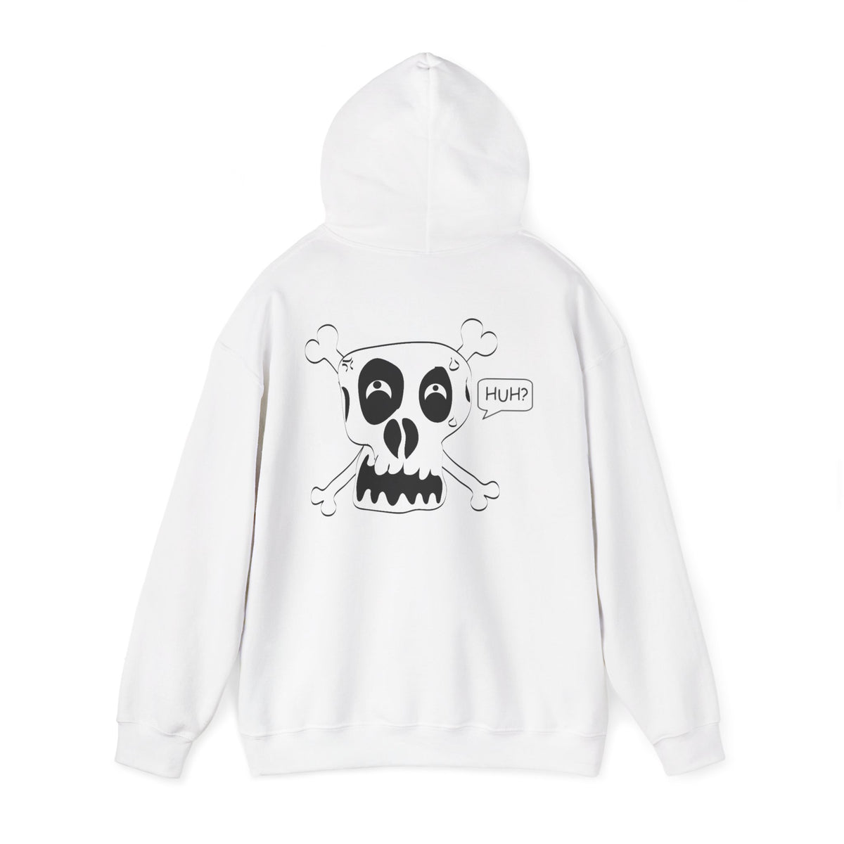 Skull & Crossbones 'Huh?' Hoodie – Edgy Cartoon Skull Back Graphic Sweatshirt