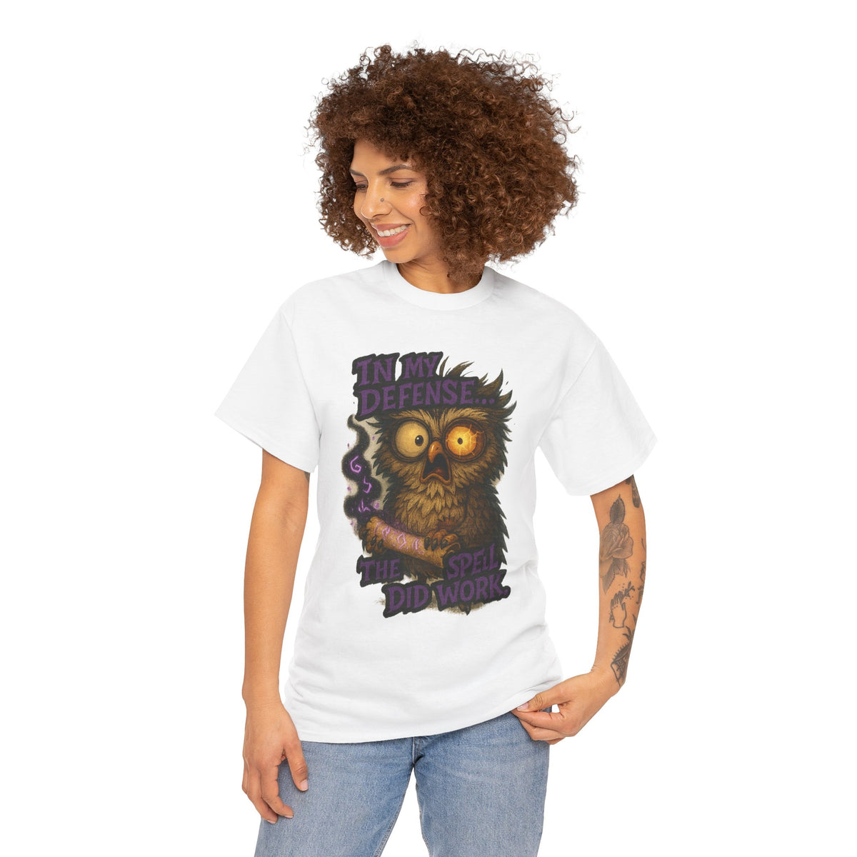 Owl Magic T-Shirt — "In My Defense The Spell Did Work" Graphic Tee