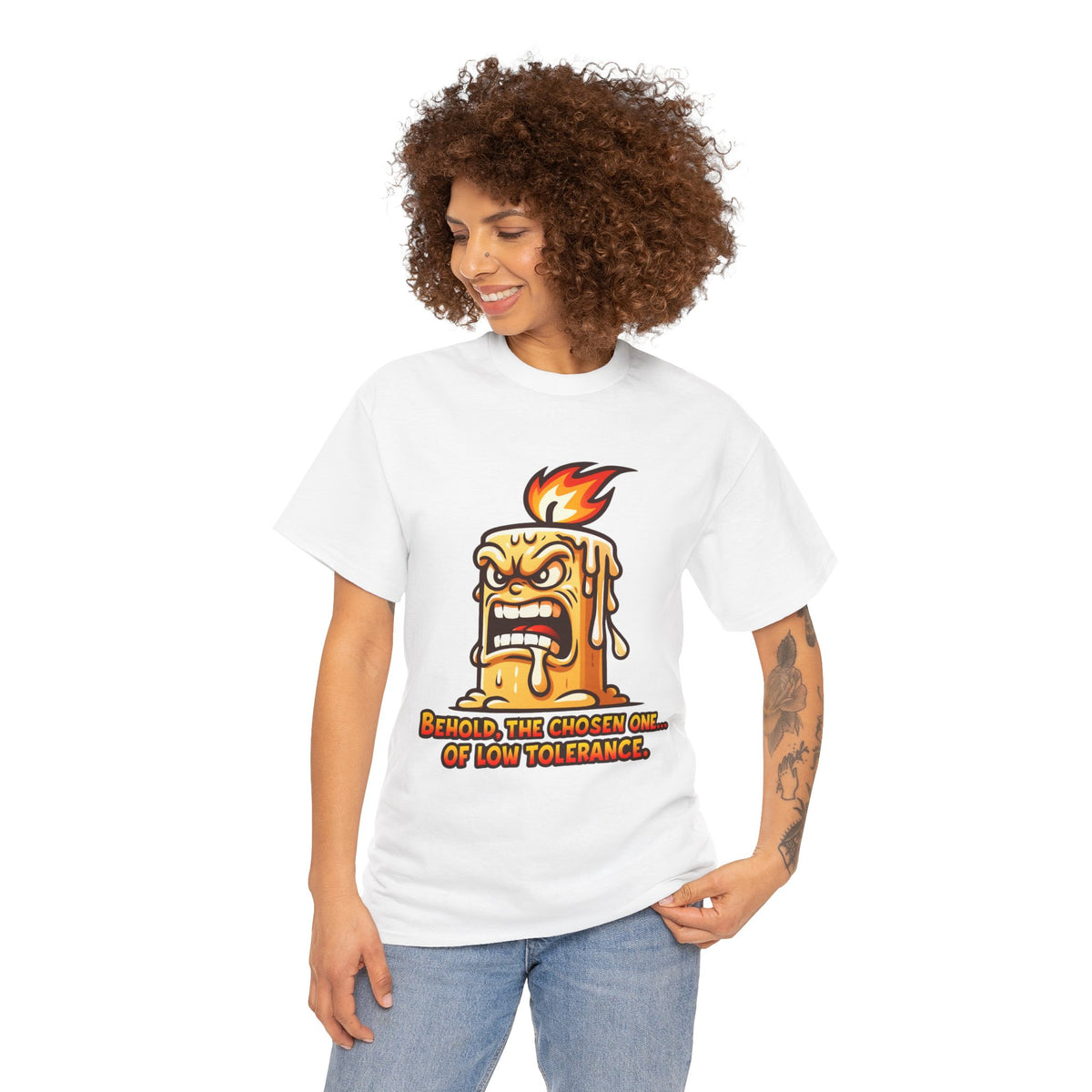 T-Shirt — 'Behold, The Chosen One of Low Tolerance' Fiery Candle Graphic Tee