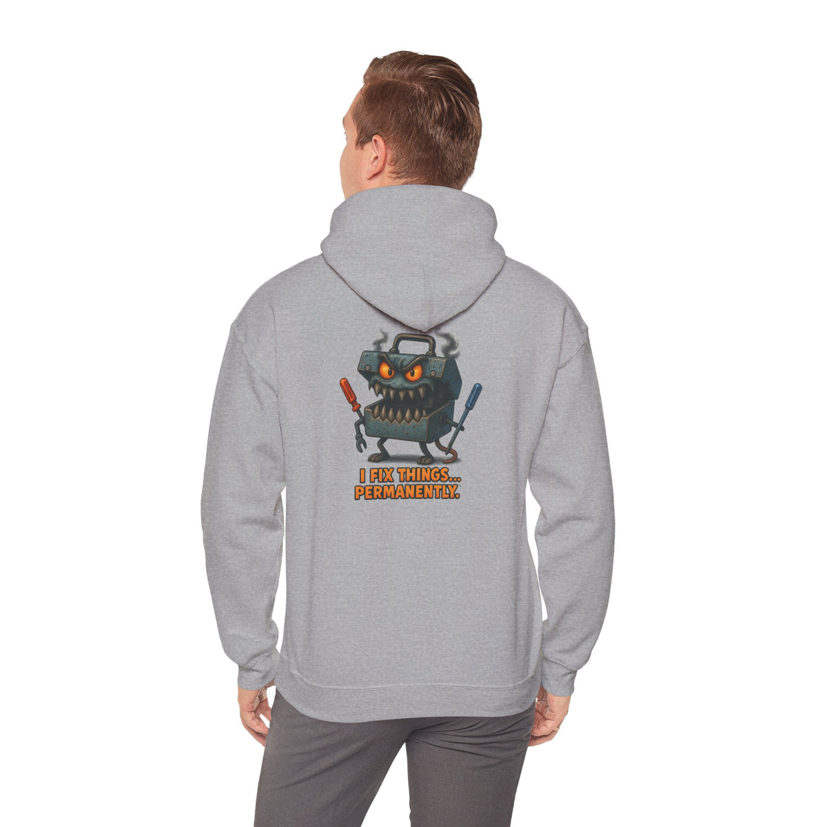 Robot Mechanic Hoodie — "I Fix Things... Permanently" Graphic Hooded Sweatshirt