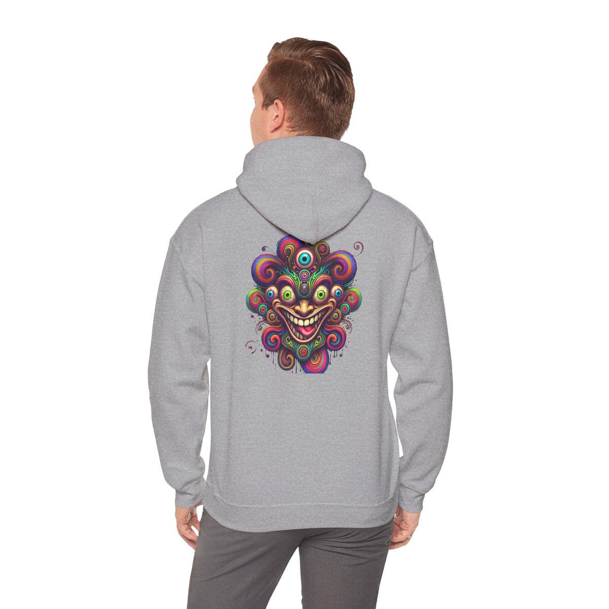 Psychedelic Smiling Jester Hoodie – Colorful Trippy Festival Sweatshirt