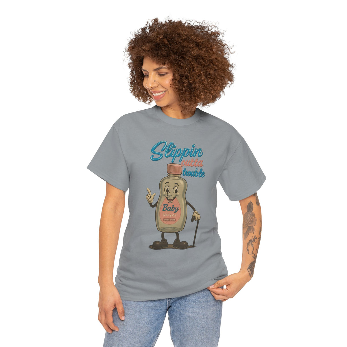 Slippin' Outta Trouble – Funny Baby Oil Cartoon T-Shirt