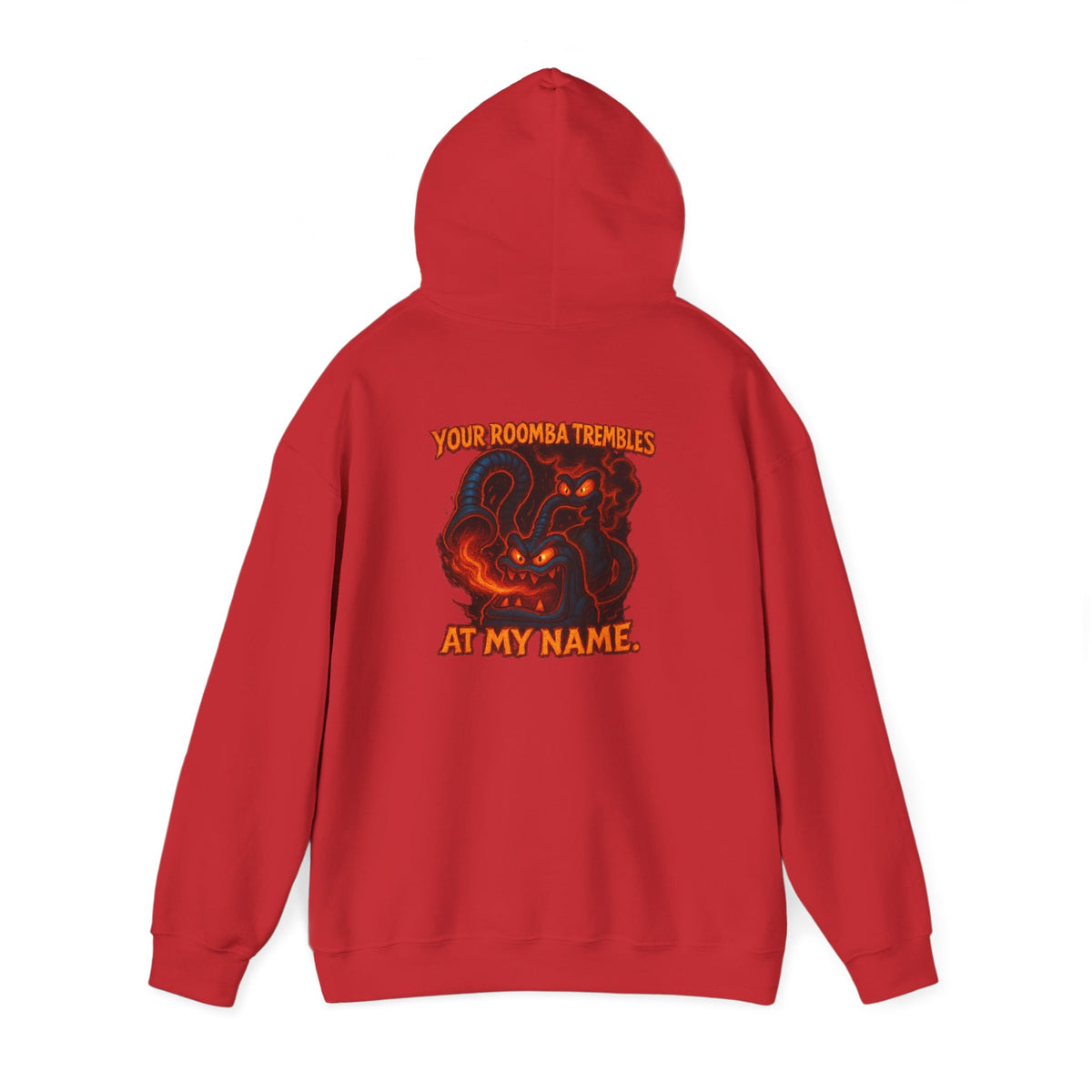 Hoodie — Fiery Demon Skull 'Your Roomba Trembls At My Name' Graphic Back Print