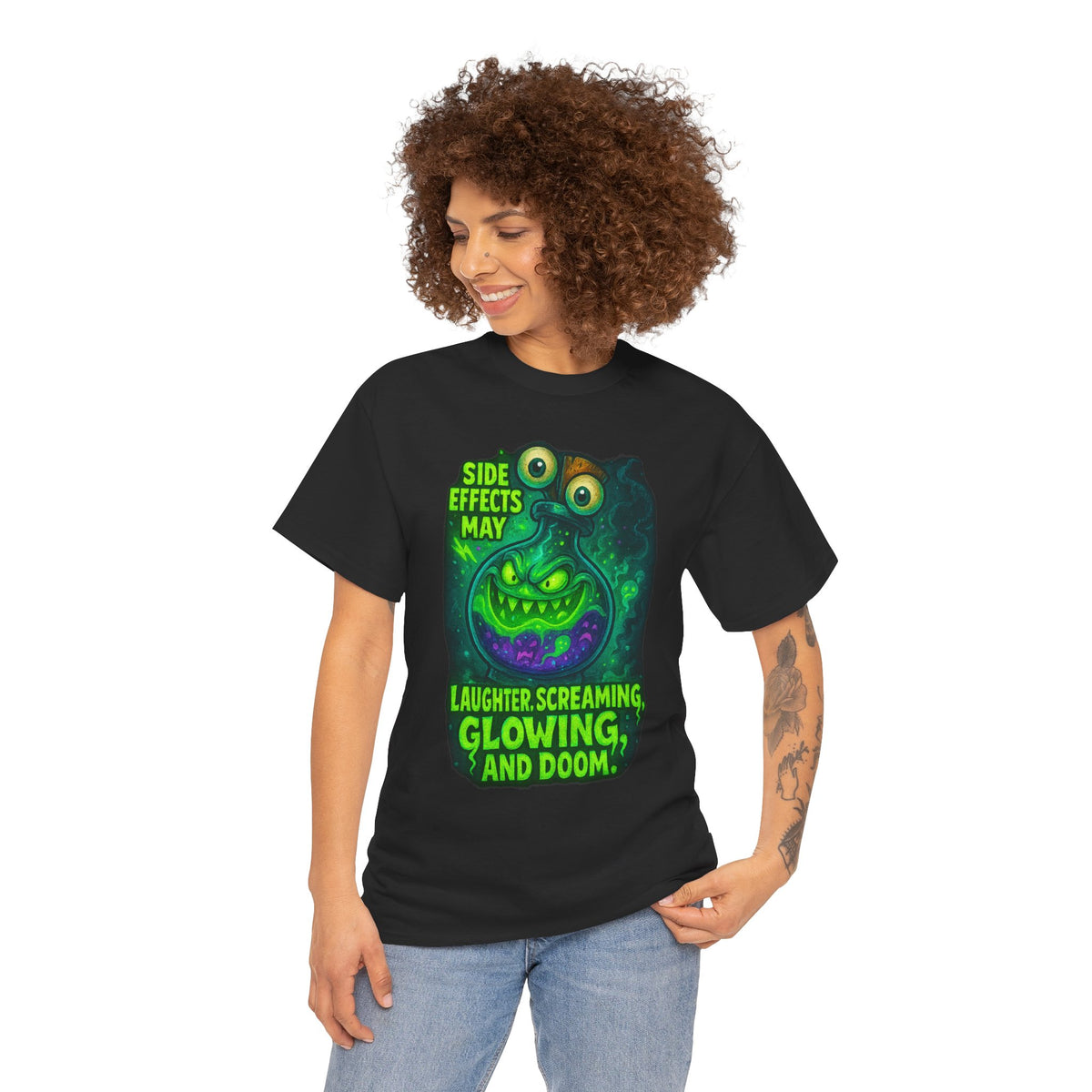 T-Shirt — "Side Effects May Include: Laughter, Screaming, Glowing, and Doom" Neon Monster Graphic