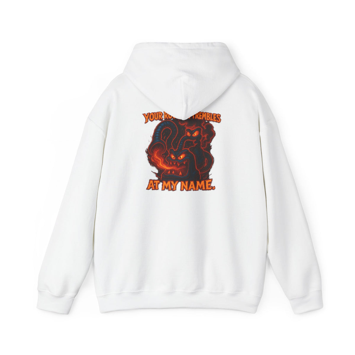 Hoodie — Fiery Demon Skull 'Your Roomba Trembls At My Name' Graphic Back Print