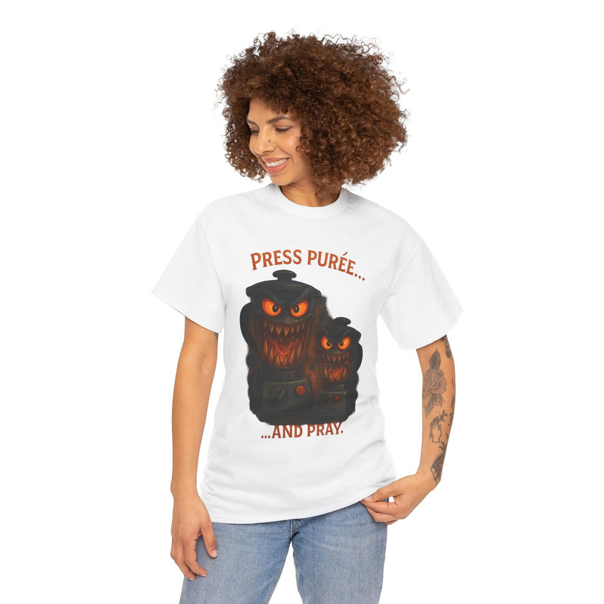 Halloween Pumpkin Tee - "Press Purée... and Pray" Spooky Jack-O'-Lantern T-Shirt