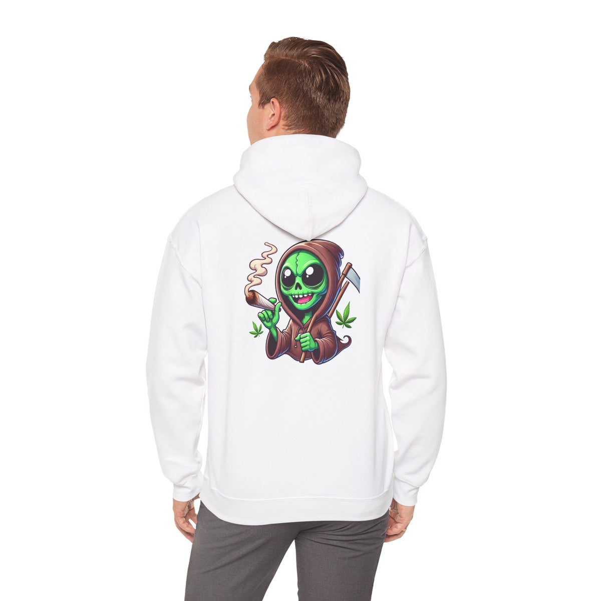 Reaper Alien Hoodie – Cute Green Grim Reaper Smoking Cartoon Graphic Hooded Sweatshirt