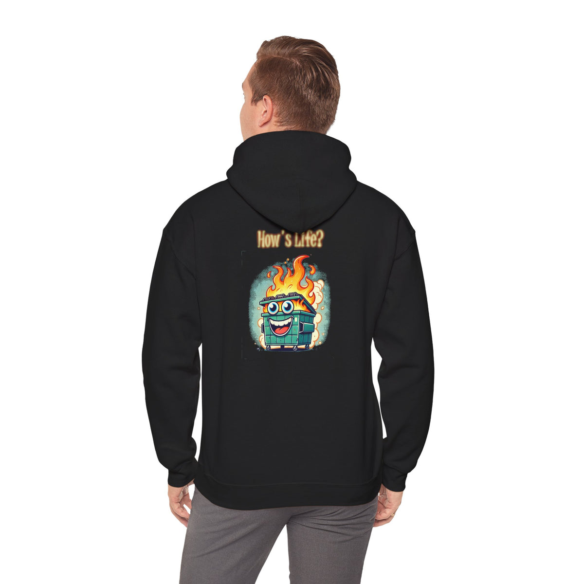 Dumpster Fire Hoodie - Funny Cartoon Trash Bin on Fire Graphic Hoodie