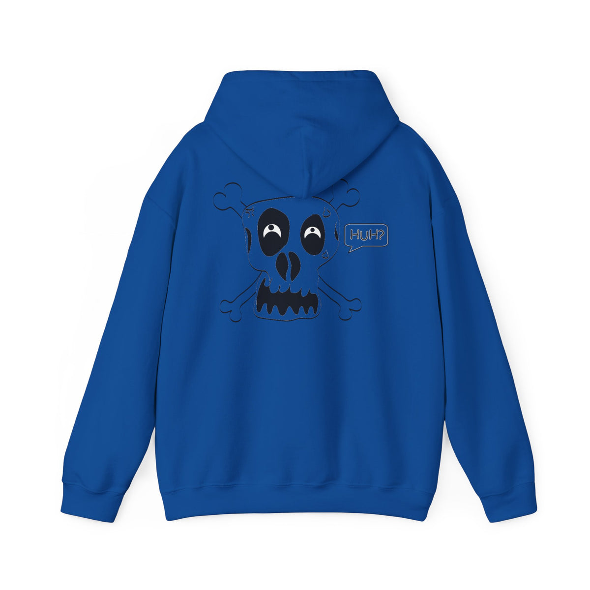 Skull & Crossbones 'Huh?' Hoodie – Edgy Cartoon Skull Back Graphic Sweatshirt