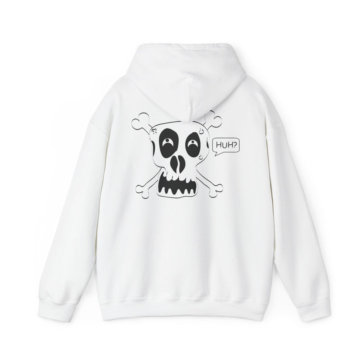 Skull & Crossbones 'Huh?' Hoodie – Edgy Cartoon Skull Back Graphic Sweatshirt