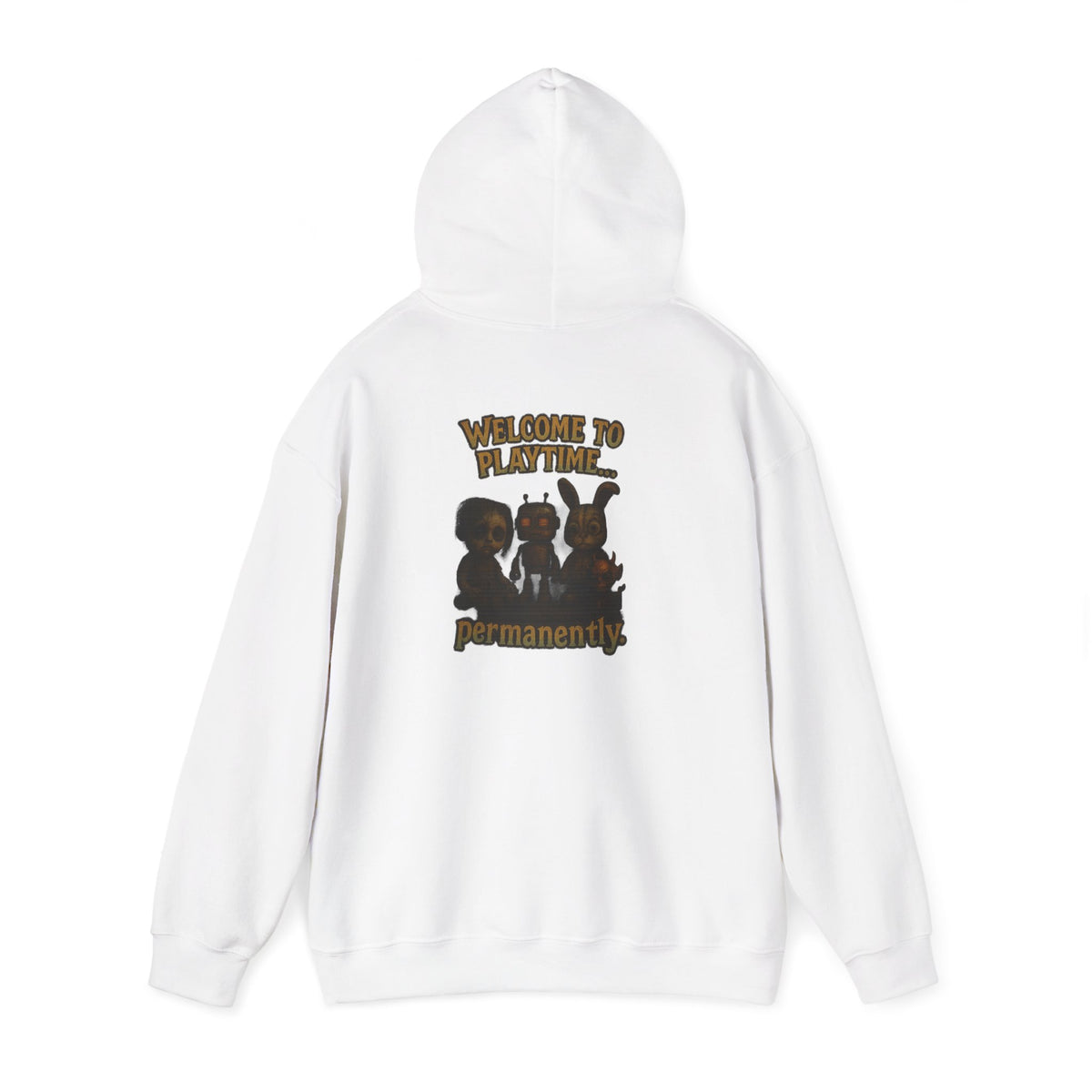 Hoodie — 'Welcome Playtime Permanently' Vintage Horror Character Back Graphic