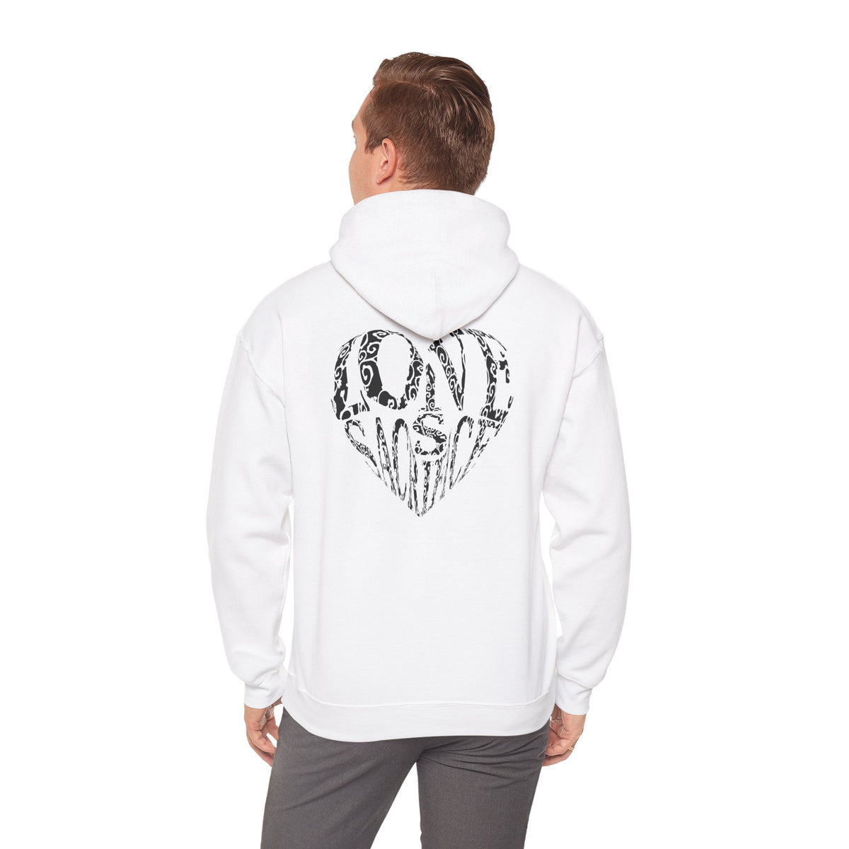 Hoodie — Black Heart Typography “Love” Graphic Pullover