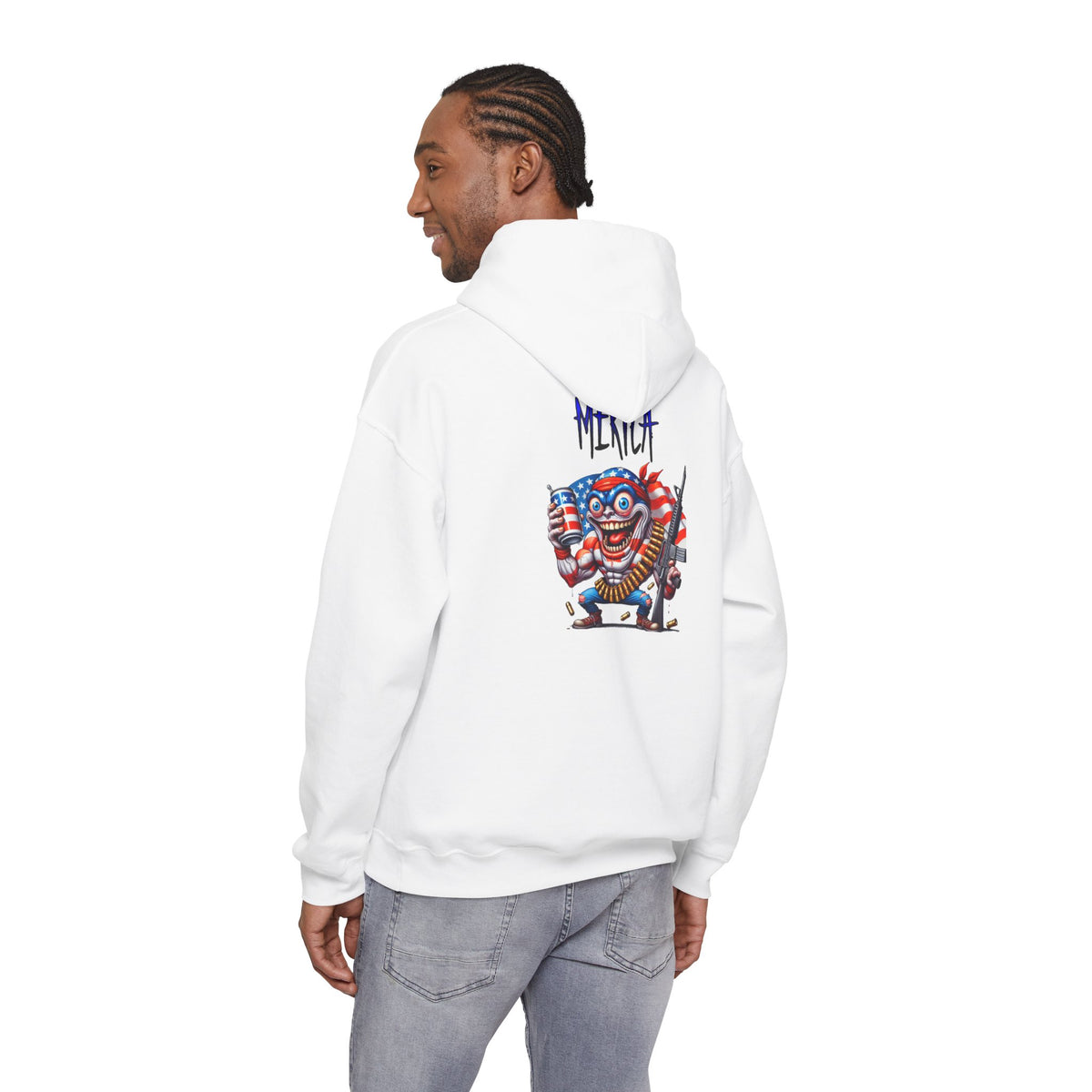 Patriotic Retro Hoodie — American Flag Skull Character Back Graphic
