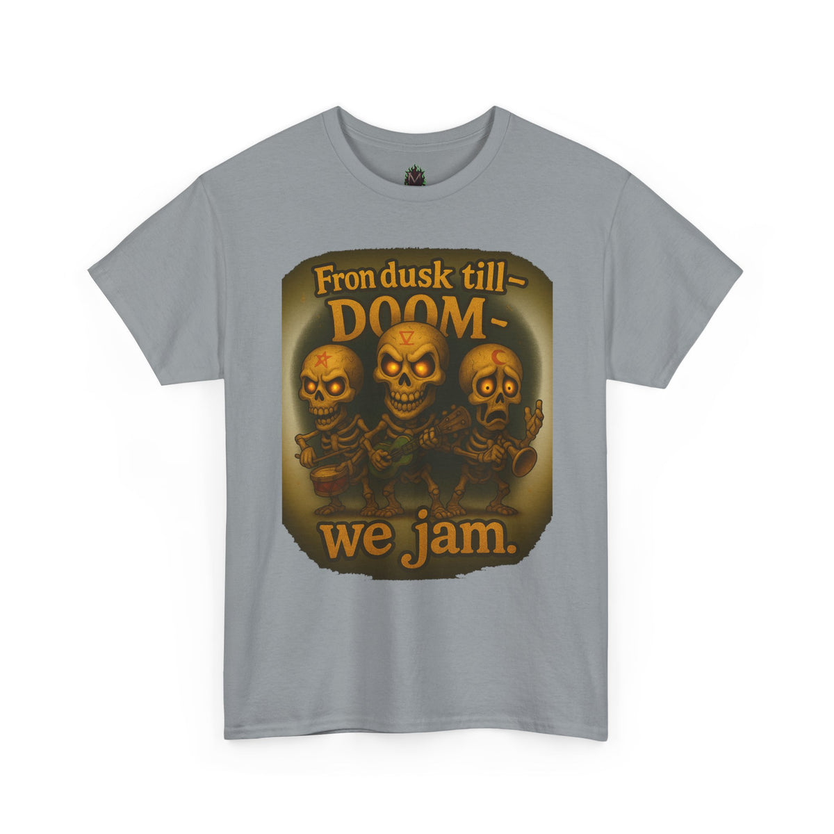 T-Shirt — "From Dusk Till Doom We Jam" Skull Band Graphic Tee