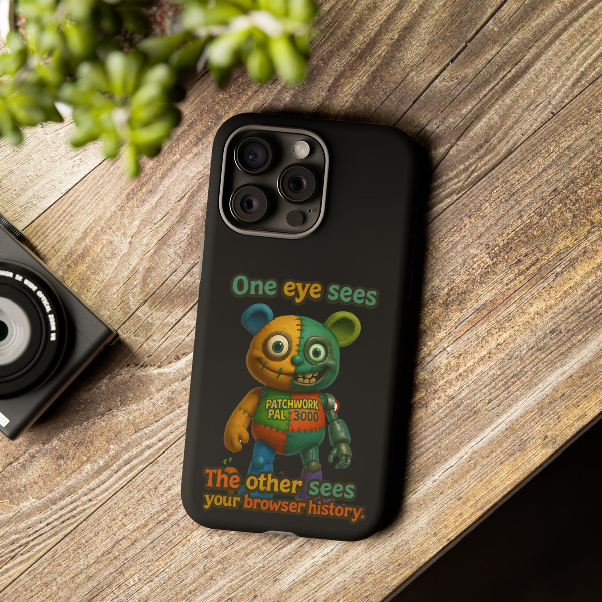 Phone Case — 'One Eye Sees, The Other Sees Your Browser History' Patchwork Bear Design