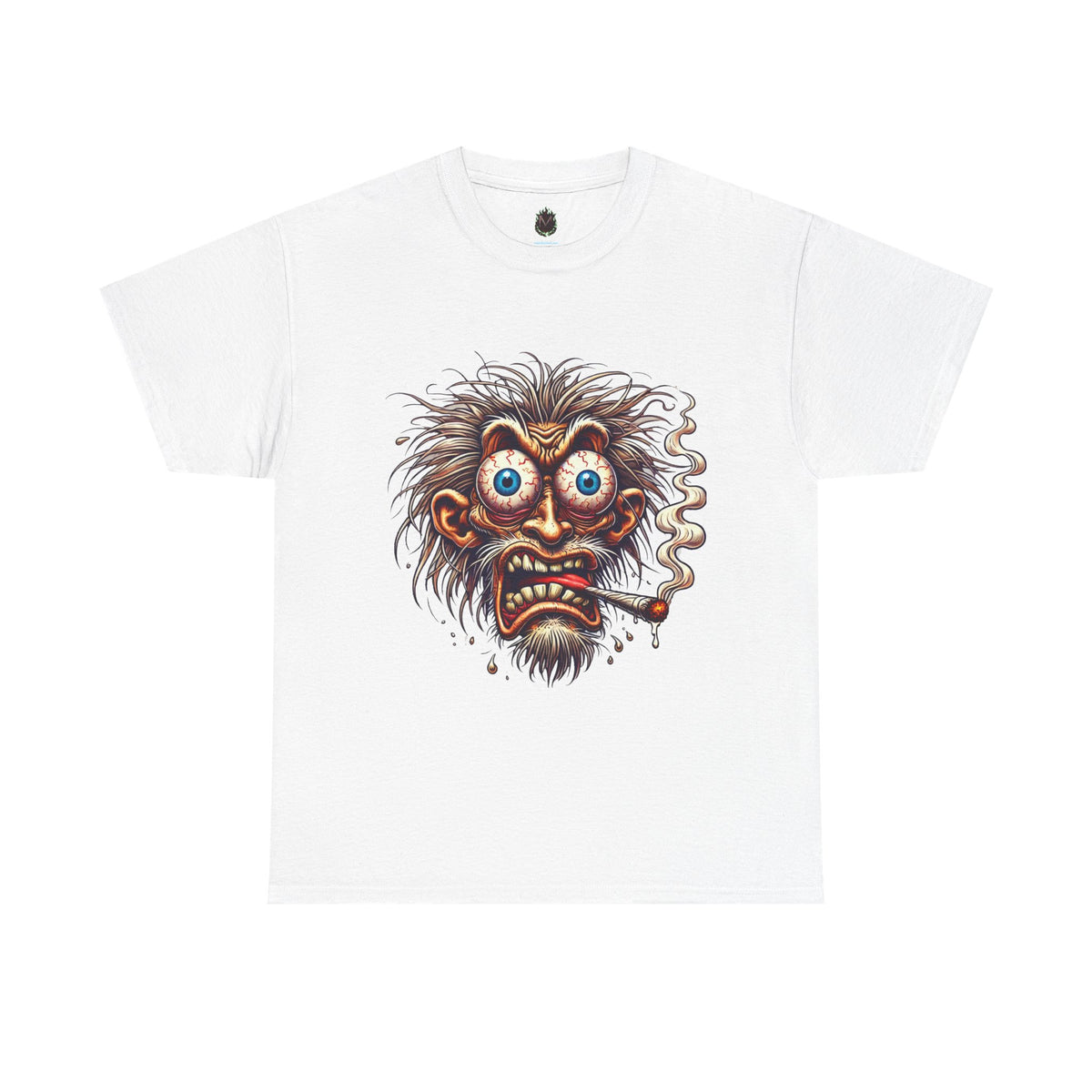 Graphic Tee — Wild-eyed Grinning Monster Head Smoking Cigarette Shirt