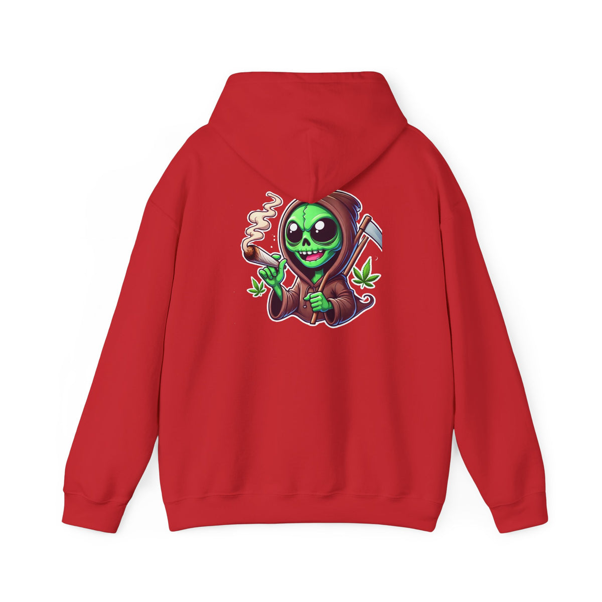 Reaper Alien Hoodie – Cute Green Grim Reaper Smoking Cartoon Graphic Hooded Sweatshirt