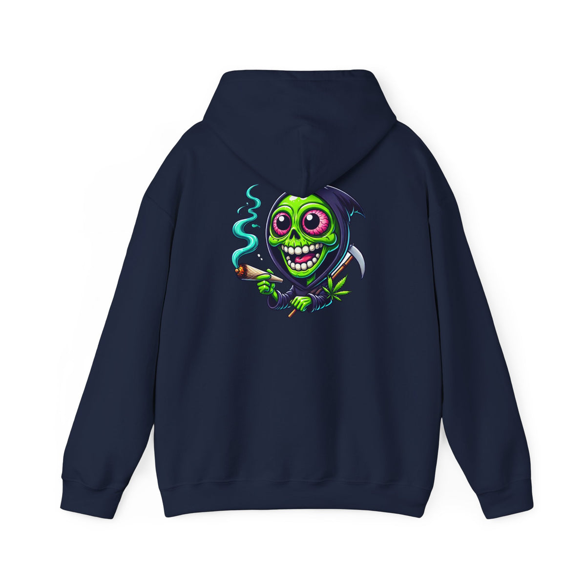 Grinning Green Grim Reaper Hoodie - Cute Creepy Smoking Skull Graphic Sweatshirt