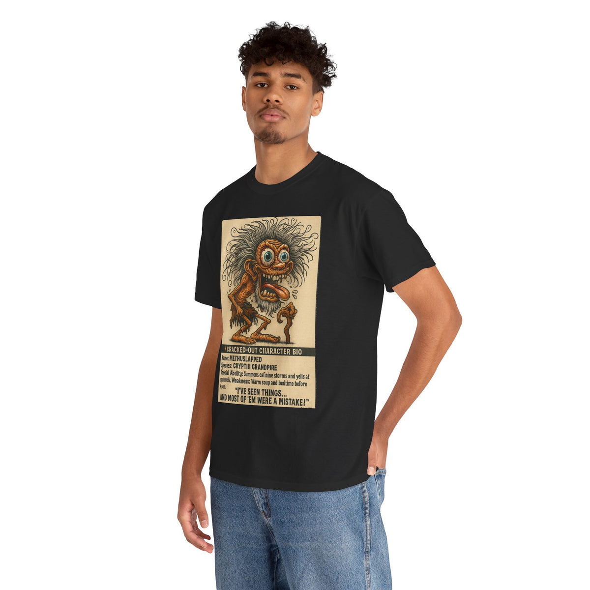Methslapped – Cryptid Grandpa Character Bio T-Shirt