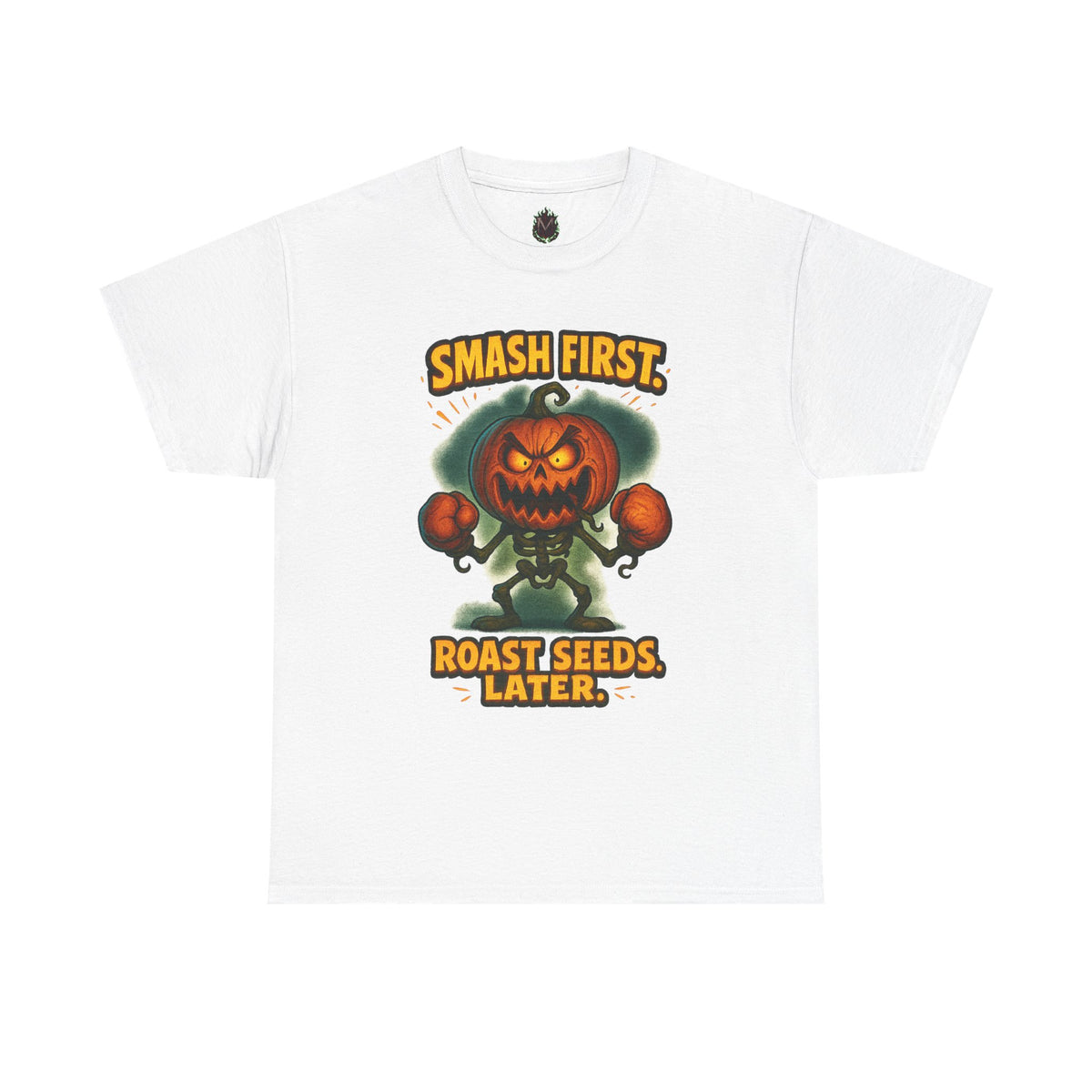 Smash First Pumpkin Boxer illustration T-Shirt | Halloween pumpkin design