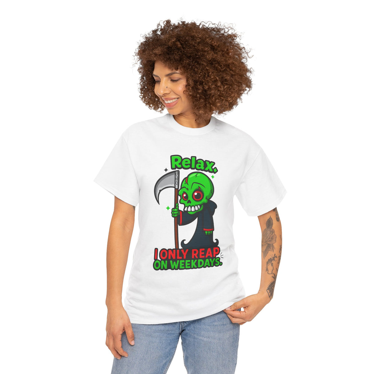 Relax I Only Reap On Weekdays T-Shirt | Grim Reaper Cartoon Tee