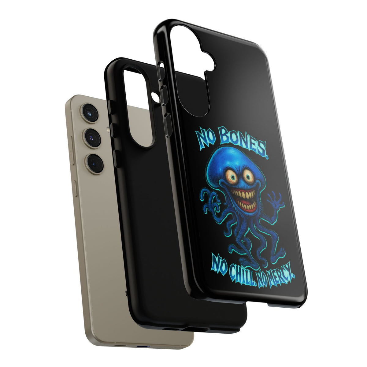 Phone Case — 'No Bones, No Chill, No Mercy' Blue Jellyfish Horror Design