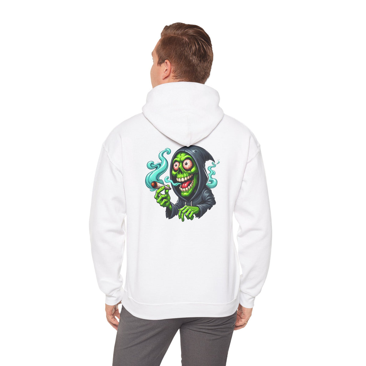 Grinning Reaper Hooded Sweatshirt – Spooky Green Skull Smoking Hoodie