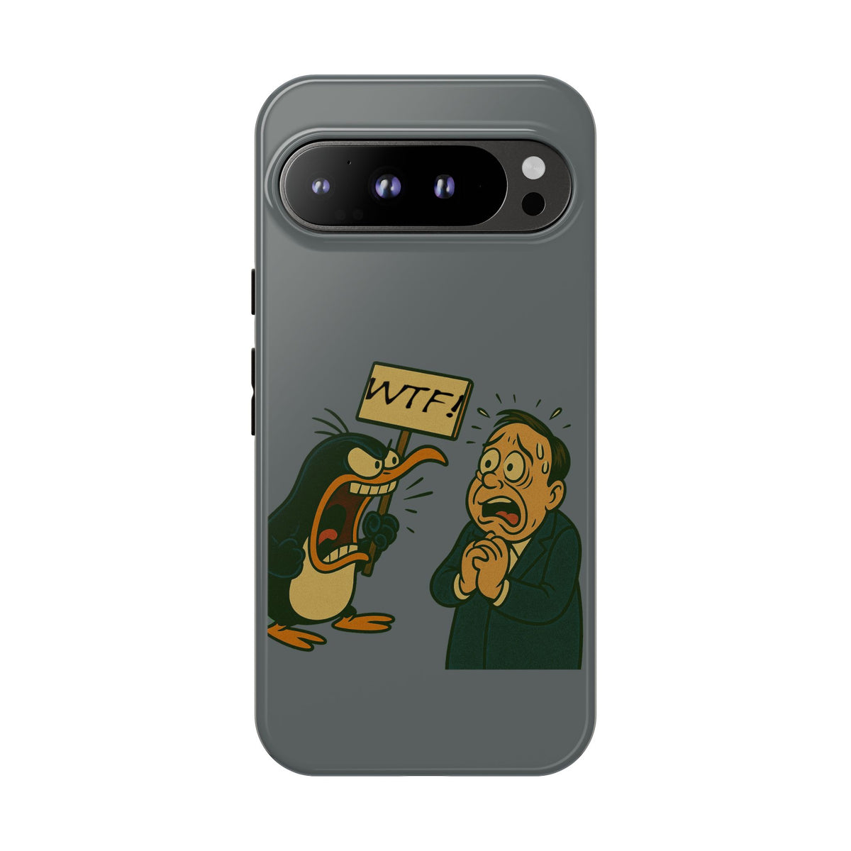 Phone Case - Cartoon Penguin Yelling 'WTF' at Shocked Man, Funny Protective iPhone Cover