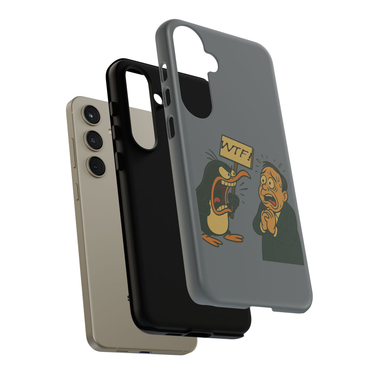 Phone Case - Cartoon Penguin Yelling 'WTF' at Shocked Man, Funny Protective iPhone Cover