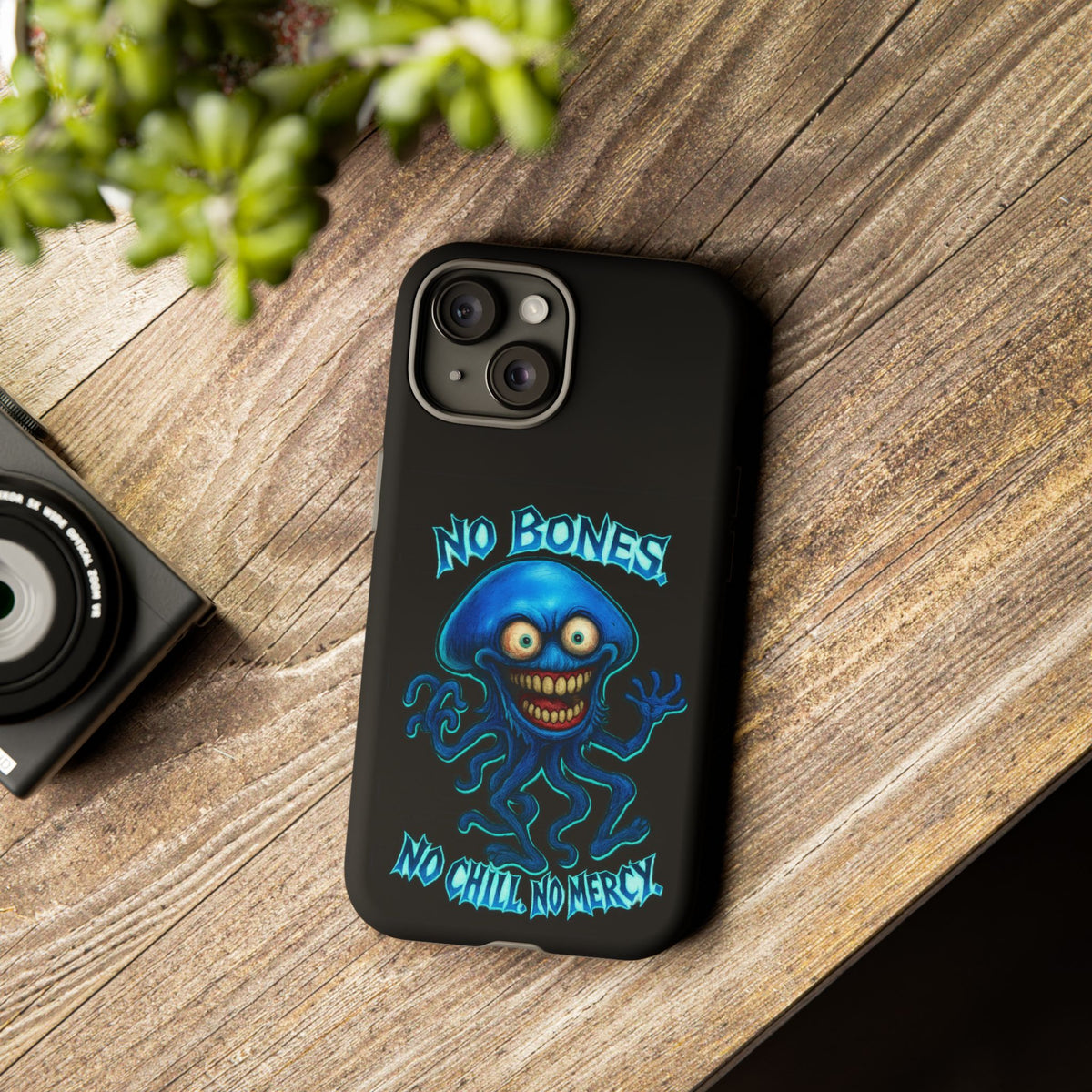 Phone Case — 'No Bones, No Chill, No Mercy' Blue Jellyfish Horror Design