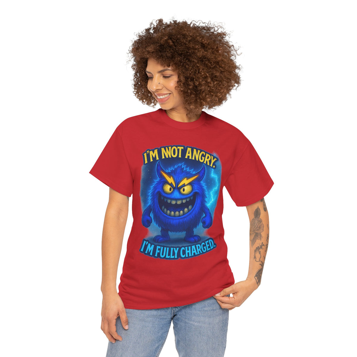 I'm Not Angry I'm Fully Charged Tee, Blue Lightning Monster Graphic