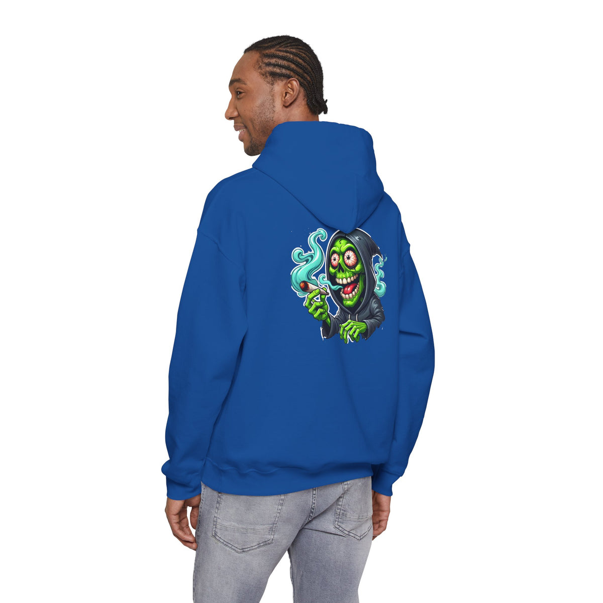 Grinning Reaper Hooded Sweatshirt – Spooky Green Skull Smoking Hoodie