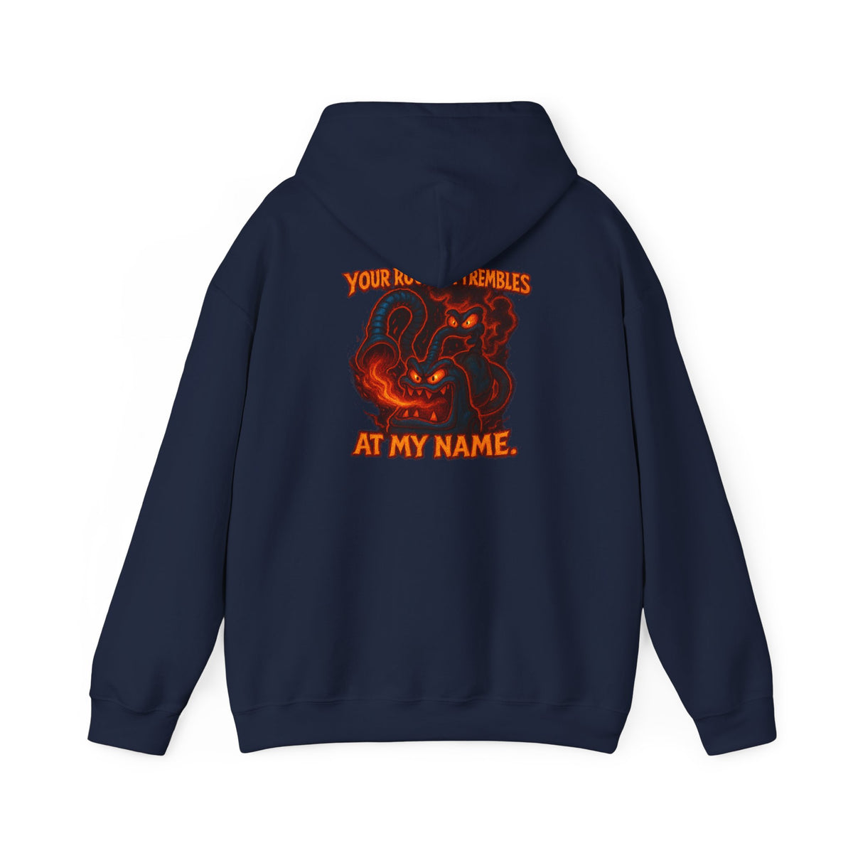 Hoodie — Fiery Demon Skull 'Your Roomba Trembls At My Name' Graphic Back Print