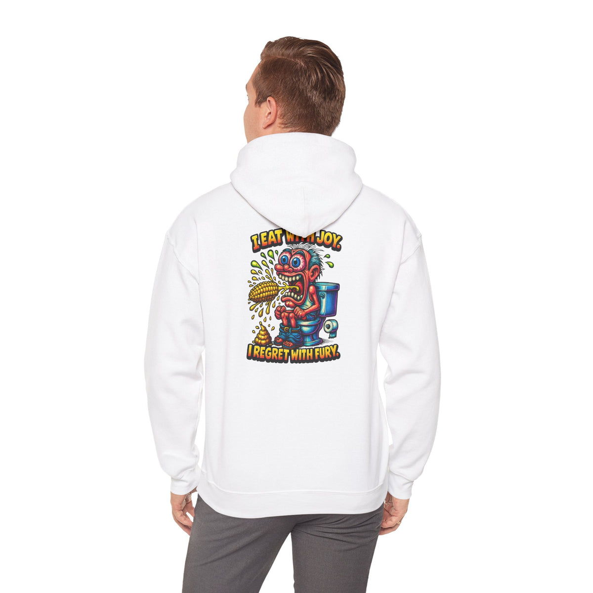 Toilet Trouble Hoodie — “I Regret With Fury” Graphic Hooded Sweatshirt