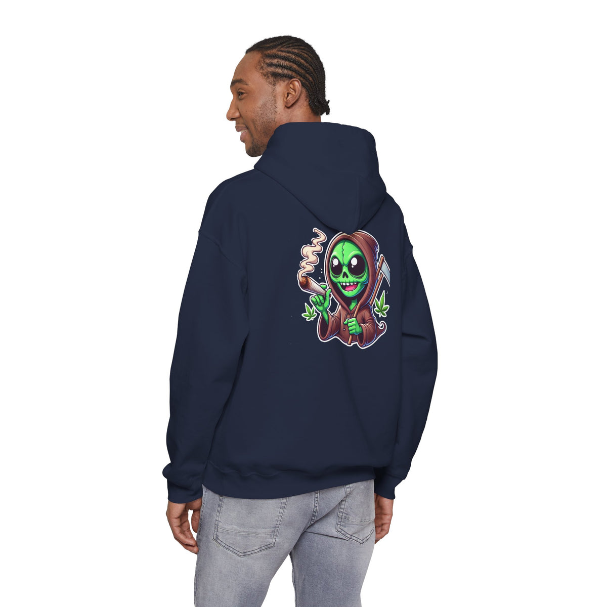 Reaper Alien Hoodie – Cute Green Grim Reaper Smoking Cartoon Graphic Hooded Sweatshirt
